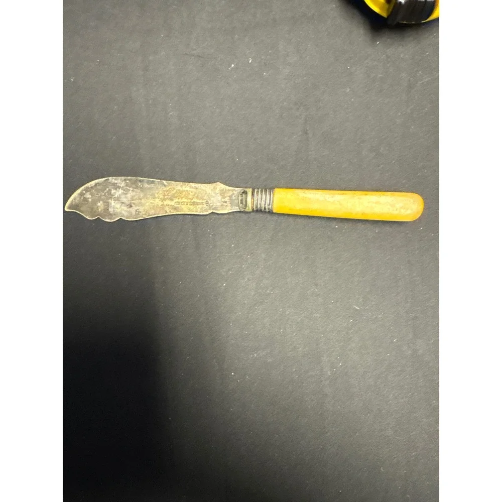 Antique Ornate Etched Butter Knife Scalloped Blade Butterscotch Handle 7.75 in